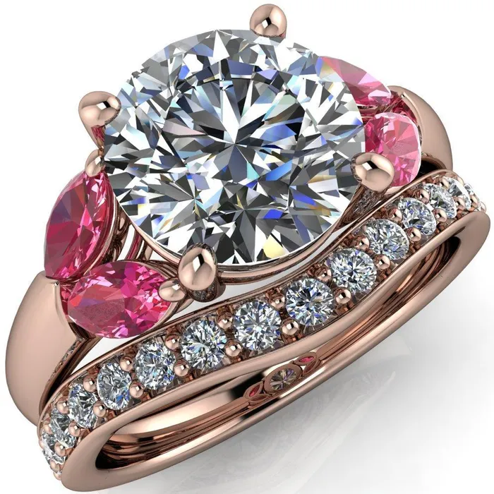 Fire Brilliance Rings Adrenne Round Center Stone 4 Prong Double Pink Sapphire Marquise Side Ring