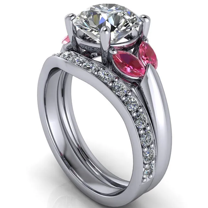 Fire Brilliance Rings Adrenne Round Center Stone 4 Prong Double Pink Sapphire Marquise Side Ring