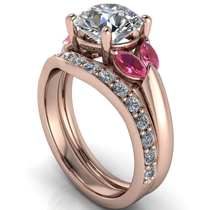 Fire Brilliance Rings Adrenne Round Center Stone 4 Prong Double Pink Sapphire Marquise Side Ring