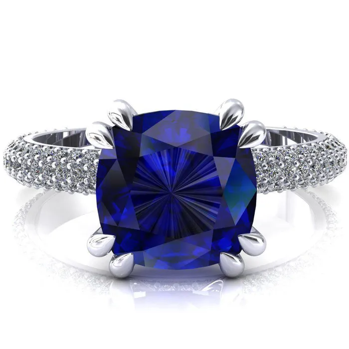 Fire Brilliance Rings Elley Cushion Blue Sapphire 4 Claw Prong Diamond Accent Engagement Ring Fire Brilliance Rings Elley Cushion Blue Sapphire 4 Claw Prong Diamond Accent Engagement Ring