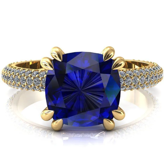 Fire Brilliance Rings Elley Cushion Blue Sapphire 4 Claw Prong Diamond Accent Engagement Ring