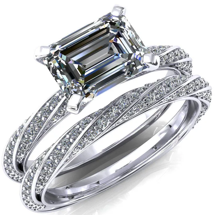 Fire Brilliance Rings Elysia Emerald Moissanite EastWest 4 Prong 34 Eternity Diamond Accent Ring