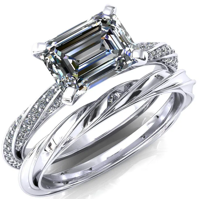 Fire Brilliance Rings Elysia Emerald Moissanite EastWest 4 Prong 34 Eternity Diamond Accent Ring