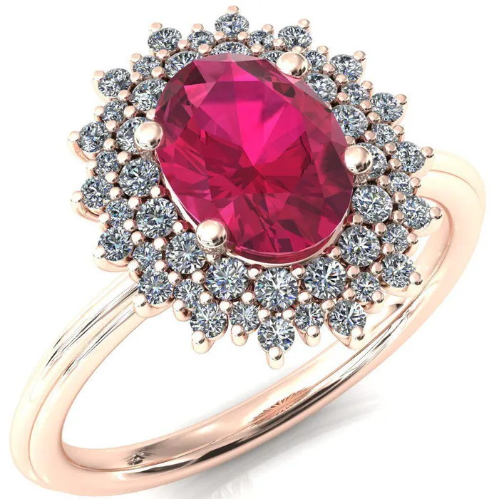 Fire Brilliance Rings Eridanus Oval Ruby 4 Prong Diamond Cluster Halo Engagement Ring