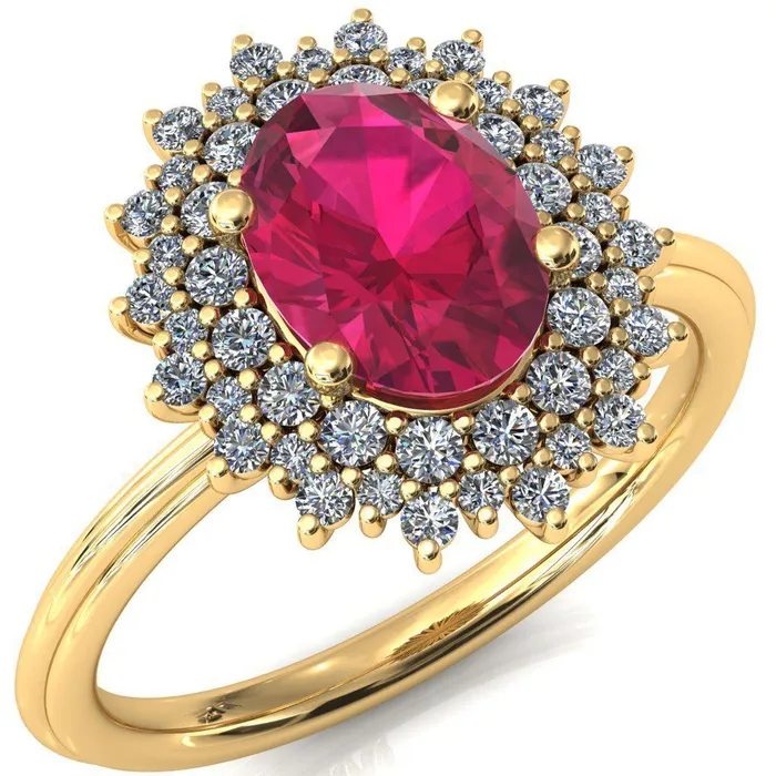 Fire Brilliance Rings Eridanus Oval Ruby 4 Prong Diamond Cluster Halo Engagement Ring