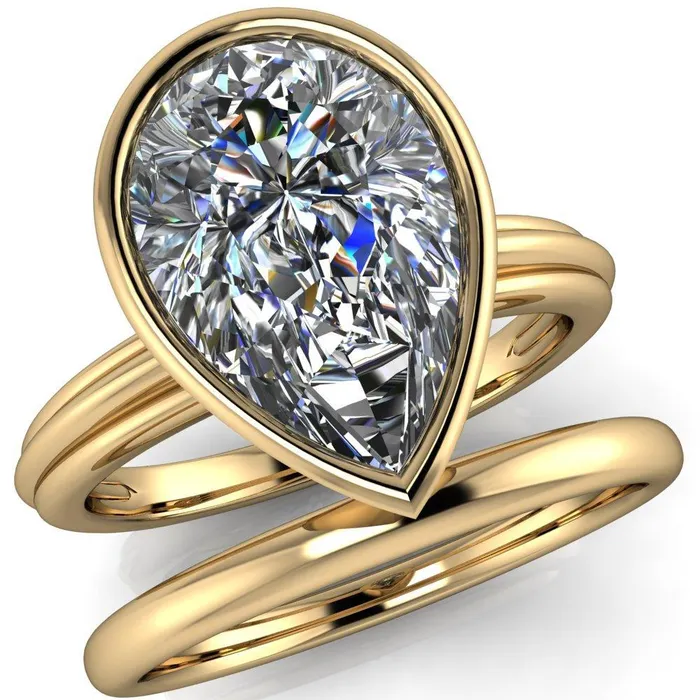 Fire Brilliance Rings Fenestra Pear Center Stone Bezel HalfRound Edge Shank Engagement Ring