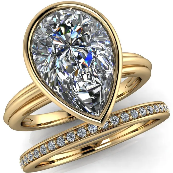 Fire Brilliance Rings Fenestra Pear Center Stone Bezel HalfRound Edge Shank Engagement Ring