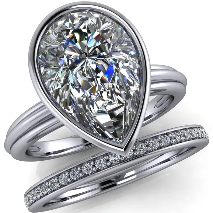 Fire Brilliance Rings Fenestra Pear Center Stone Bezel HalfRound Edge Shank Engagement Ring