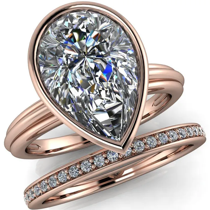 Fire Brilliance Rings Fenestra Pear Center Stone Bezel HalfRound Edge Shank Engagement Ring