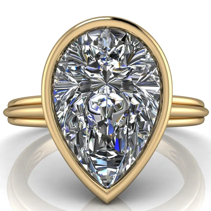 Fire Brilliance Rings Fenestra Pear Center Stone Bezel HalfRound Edge Shank Engagement Ring