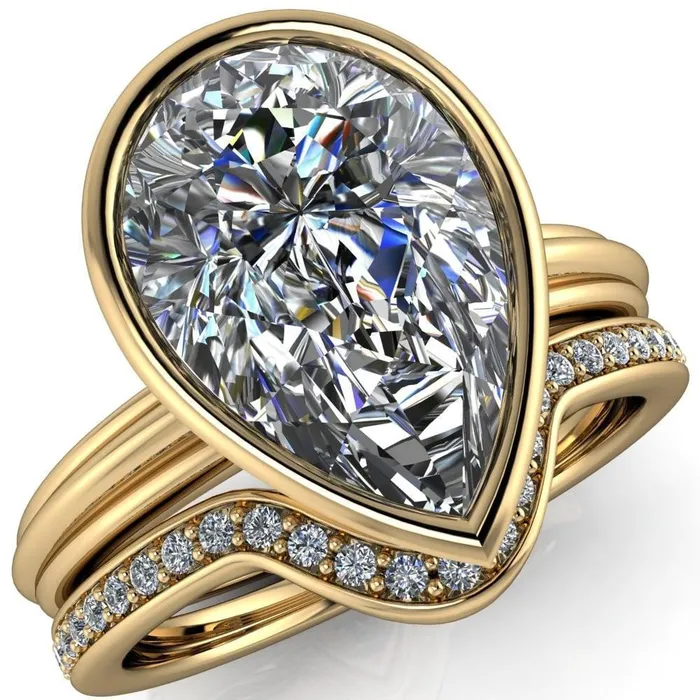 Fire Brilliance Rings Fenestra Pear Center Stone Bezel HalfRound Edge Shank Engagement Ring