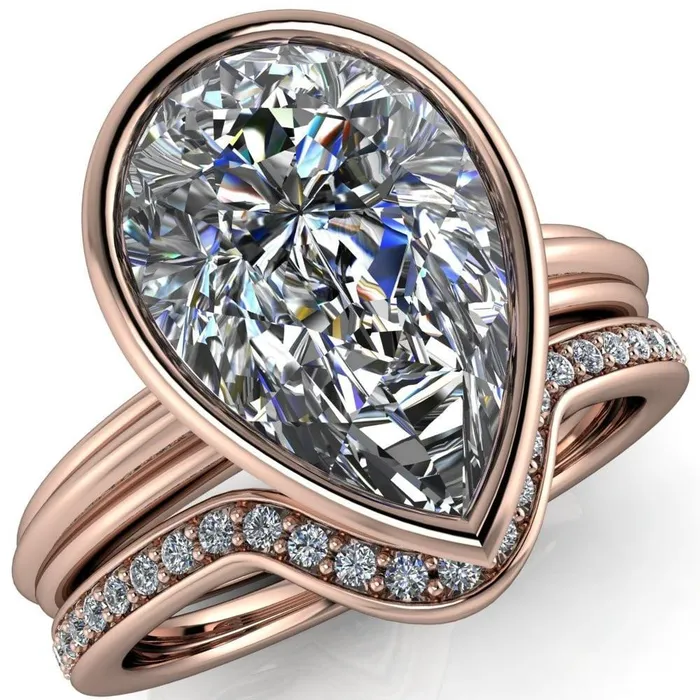 Fire Brilliance Rings Fenestra Pear Center Stone Bezel HalfRound Edge Shank Engagement Ring