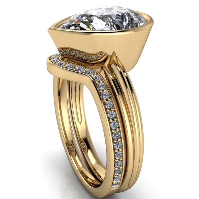 Fire Brilliance Rings Fenestra Pear Center Stone Bezel HalfRound Edge Shank Engagement Ring
