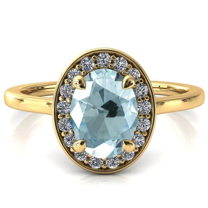 Fire Brilliance Rings Holly Oval Aqua Blue Spinel 4 Prong Pinpoint Floating Halo Scalloped Cathedral Ring