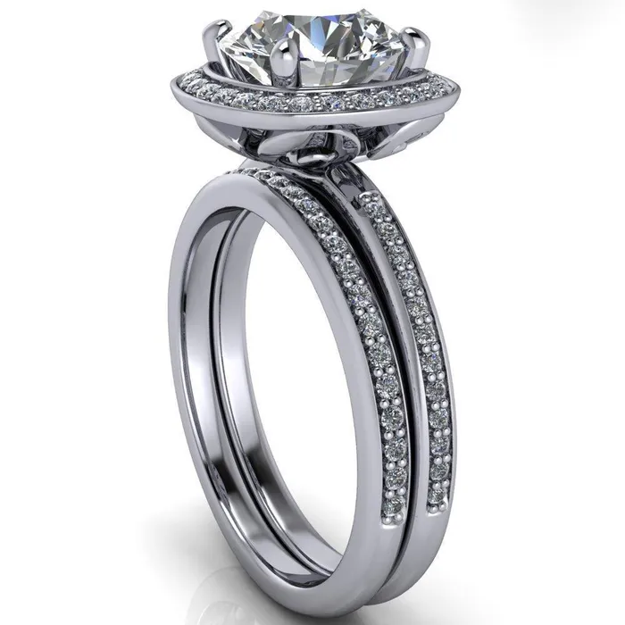Fire Brilliance Rings Juliana Round Center Stone Halo and Half Eternity Ring