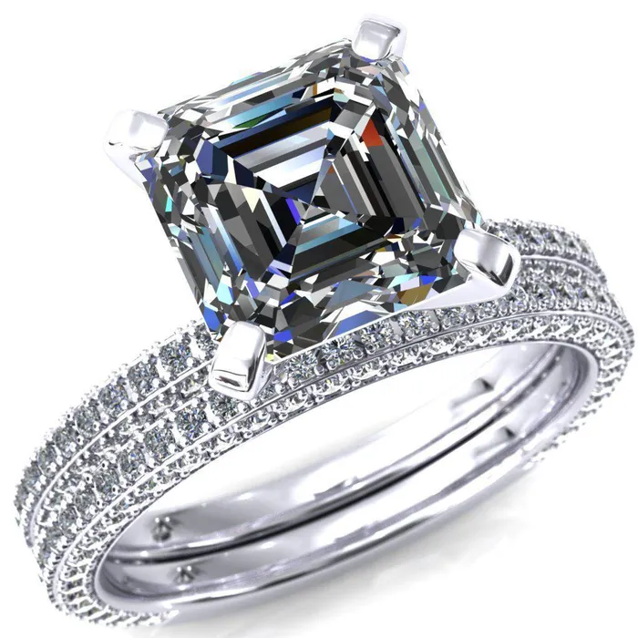 Fire Brilliance Rings Mariyah Asscher Moissanite 4 Prong 34 Eternity 3 Sided Diamond Shank Engagement Ring Fire Brilliance Rings Mariyah Asscher Moissanite 4 Prong 34 Eternity 3 Sided Diamond Shank Engagement Ring