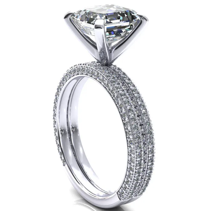 Fire Brilliance Rings Mariyah Asscher Moissanite 4 Prong 34 Eternity 3 Sided Diamond Shank Engagement Ring