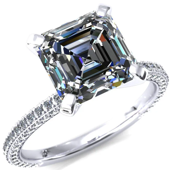 Fire Brilliance Rings Mariyah Asscher Moissanite 4 Prong 34 Eternity 3 Sided Diamond Shank Engagement Ring