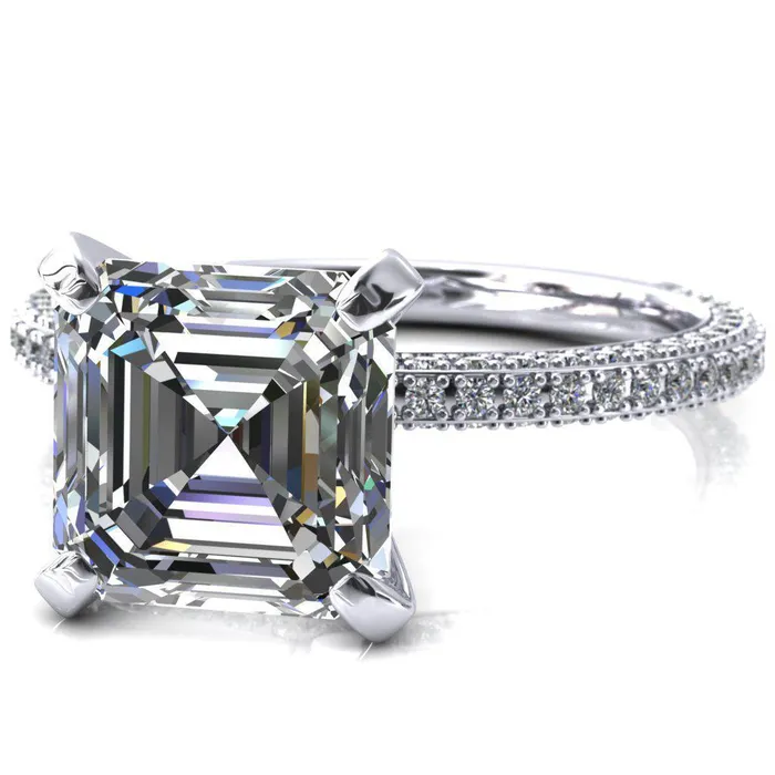 Fire Brilliance Rings Mariyah Asscher Moissanite 4 Prong 34 Eternity 3 Sided Diamond Shank Engagement Ring