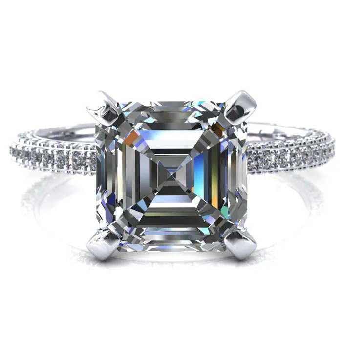 Fire Brilliance Rings Mariyah Asscher Moissanite 4 Prong 34 Eternity 3 Sided Diamond Shank Engagement Ring