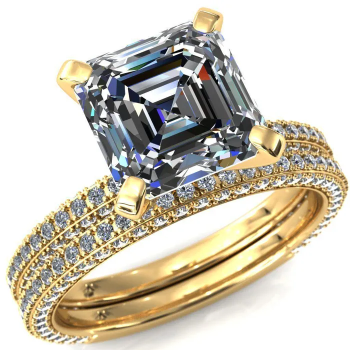 Fire Brilliance Rings Mariyah Asscher Moissanite 4 Prong 34 Eternity 3 Sided Diamond Shank Engagement Ring