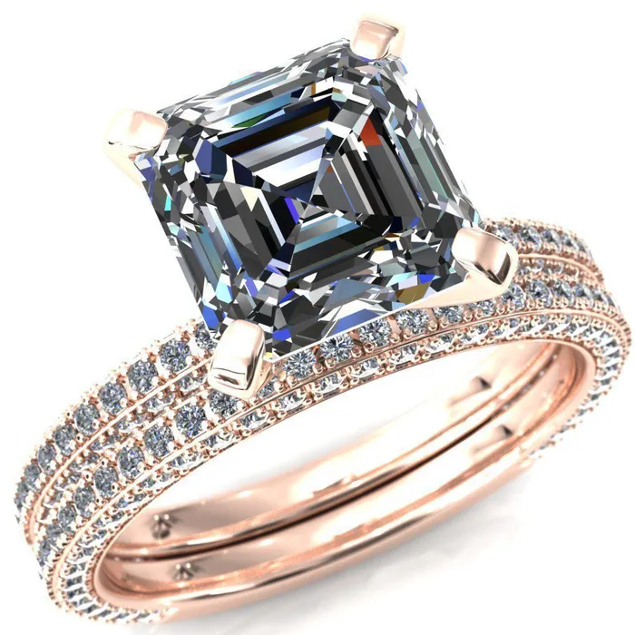 Fire Brilliance Rings Mariyah Asscher Moissanite 4 Prong 34 Eternity 3 Sided Diamond Shank Engagement Ring