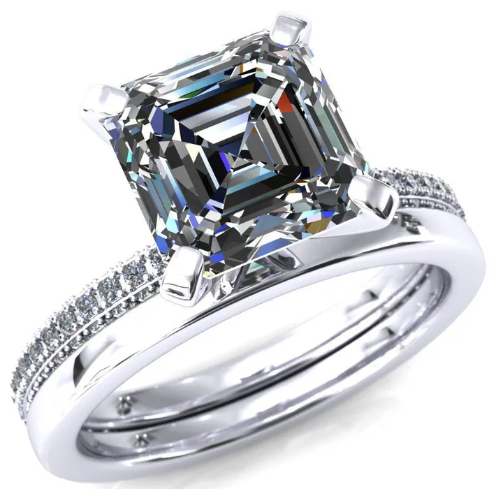 Fire Brilliance Rings Mariyah Asscher Moissanite 4 Prong 34 Eternity 3 Sided Diamond Shank Engagement Ring
