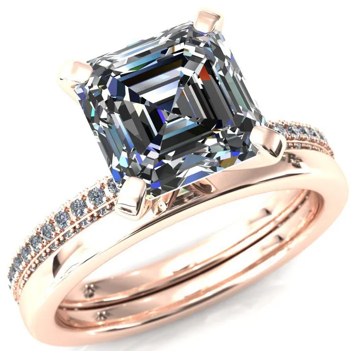 Fire Brilliance Rings Mariyah Asscher Moissanite 4 Prong 34 Eternity 3 Sided Diamond Shank Engagement Ring