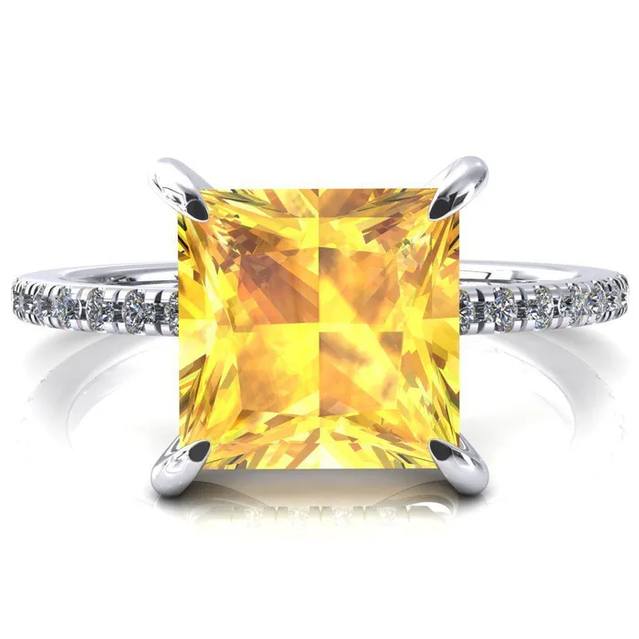 Fire Brilliance Rings Mayeli Princess Yellow Sapphire 4 Claw Prong Micro Pave Diamond Sides Engagement Ring Fire Brilliance Rings Mayeli Princess Yellow Sapphire 4 Claw Prong Micro Pave Diamond Sides Engagement Ring