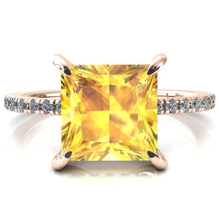 Fire Brilliance Rings Mayeli Princess Yellow Sapphire 4 Claw Prong Micro Pave Diamond Sides Engagement Ring