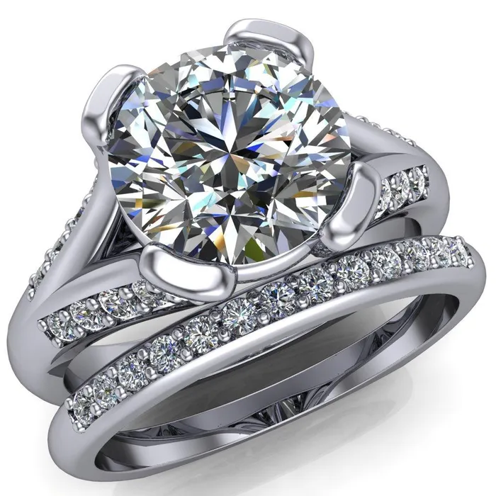 Fire Brilliance Rings Paris Round Center Stone Thick Prong Diamond Channel Split Shank Ring