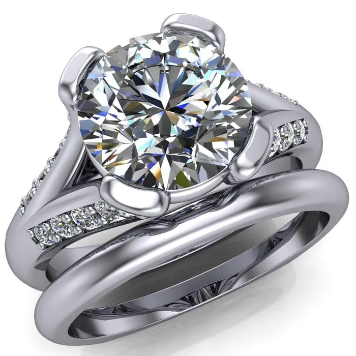 Fire Brilliance Rings Paris Round Center Stone Thick Prong Diamond Channel Split Shank Ring