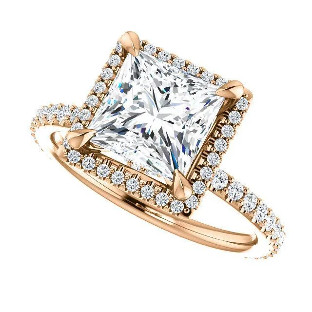Fire Brilliance Rings PrincessSquare Moissanite Diamond Accent Ice Halo Collar Ring