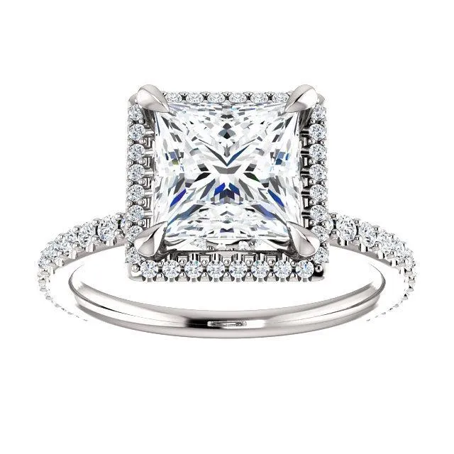 Fire Brilliance Rings PrincessSquare Moissanite Diamond Accent Ice Halo Collar Ring
