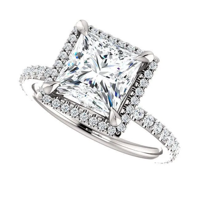 Fire Brilliance Rings PrincessSquare Moissanite Diamond Accent Ice Halo Collar Ring