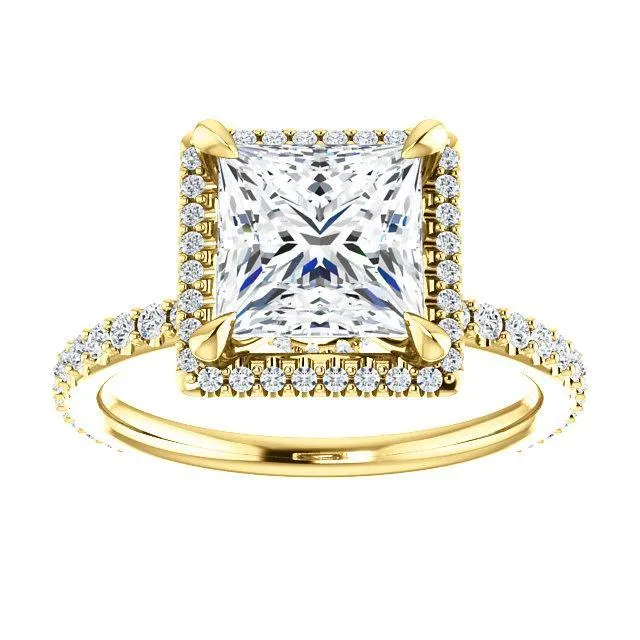 Fire Brilliance Rings PrincessSquare Moissanite Diamond Accent Ice Halo Collar Ring
