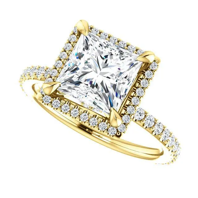 Fire Brilliance Rings PrincessSquare Moissanite Diamond Accent Ice Halo Collar Ring