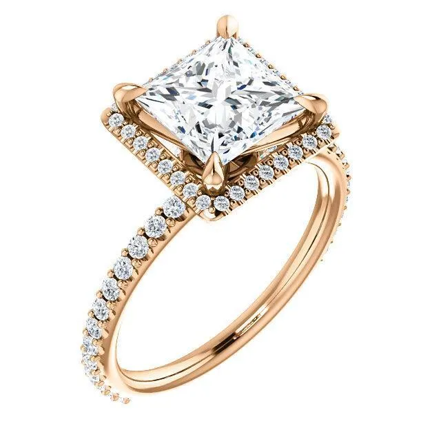Fire Brilliance Rings PrincessSquare Moissanite Diamond Accent Ice Halo Collar Ring