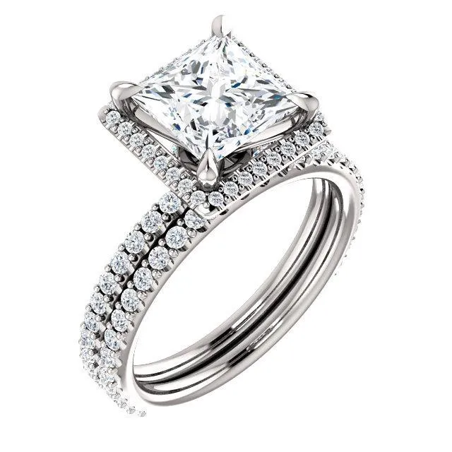 Fire Brilliance Rings PrincessSquare Moissanite Diamond Accent Ice Halo Collar Ring