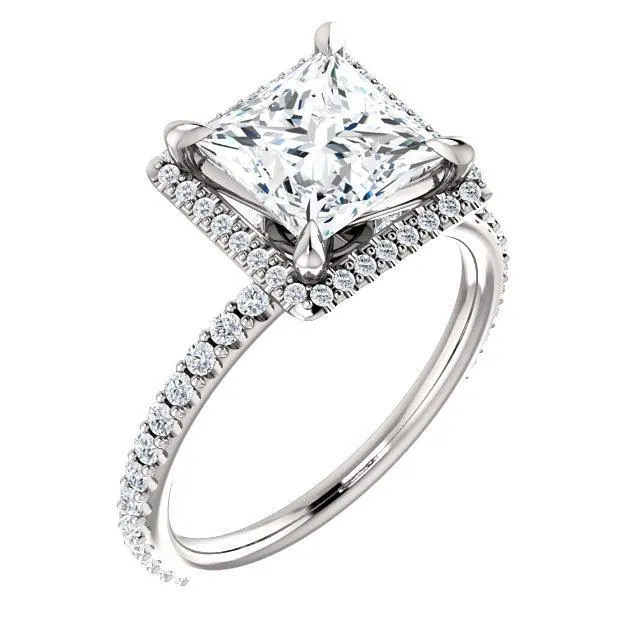 Fire Brilliance Rings PrincessSquare Moissanite Diamond Accent Ice Halo Collar Ring