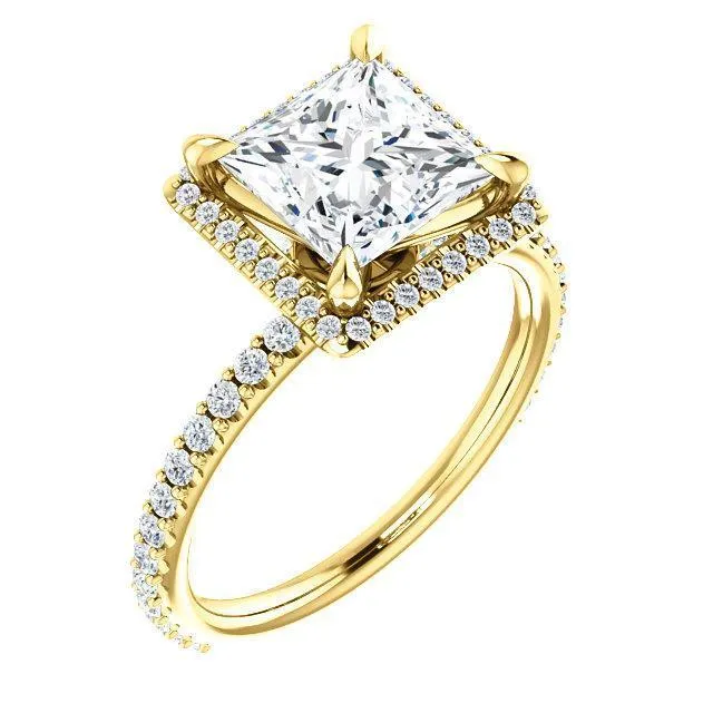 Fire Brilliance Rings PrincessSquare Moissanite Diamond Accent Ice Halo Collar Ring