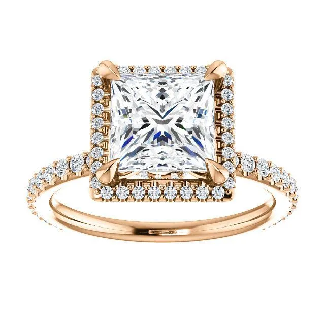 Fire Brilliance Rings PrincessSquare Moissanite Diamond Accent Ice Halo Collar Ring