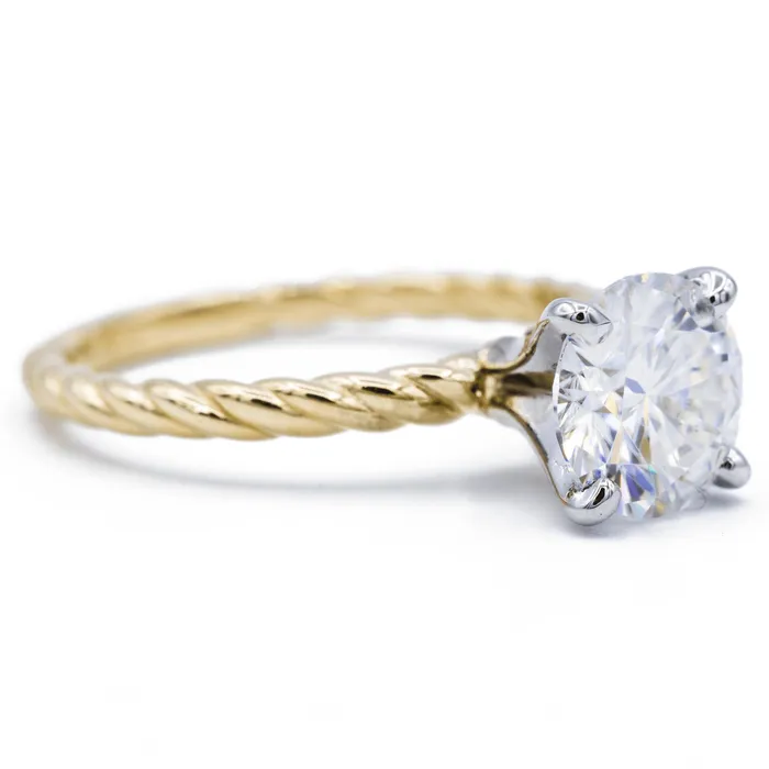 Fire Brilliance Rings Round Center Twotone 14K White Gold 4 Prong Peg and Yellow Gold Braided Rope Solitaire Ring