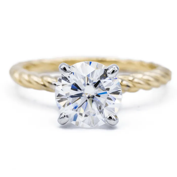 Fire Brilliance Rings Round Center Twotone 14K White Gold 4 Prong Peg and Yellow Gold Braided Rope Solitaire Ring
