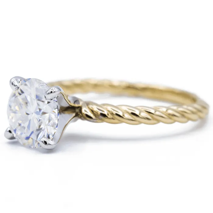 Fire Brilliance Rings Round Center Twotone 14K White Gold 4 Prong Peg and Yellow Gold Braided Rope Solitaire Ring
