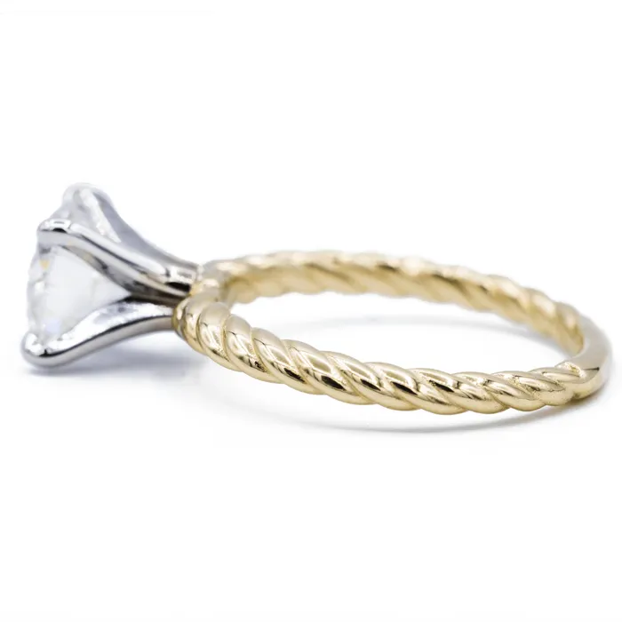 Fire Brilliance Rings Round Center Twotone 14K White Gold 4 Prong Peg and Yellow Gold Braided Rope Solitaire Ring