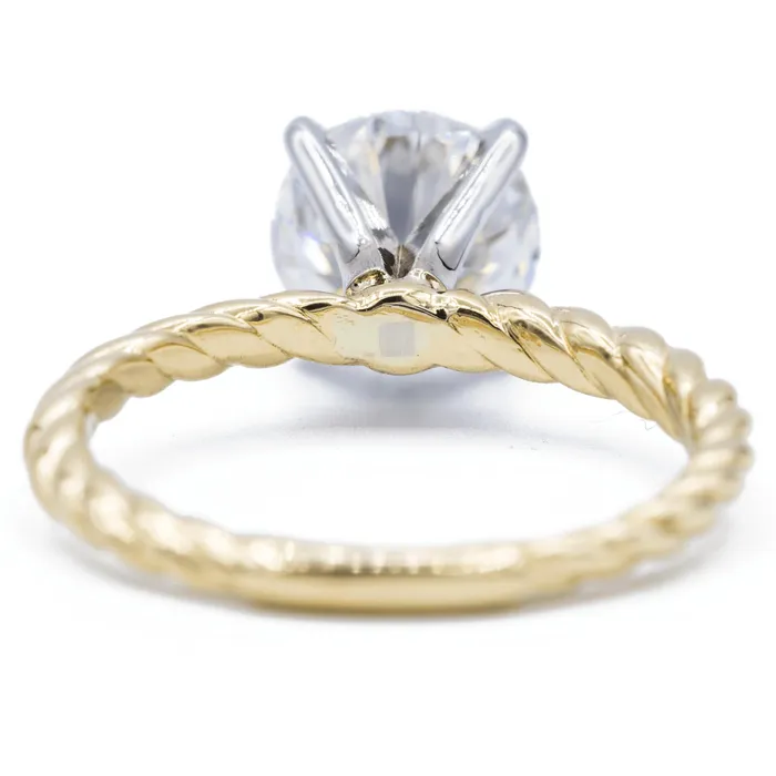 Fire Brilliance Rings Round Center Twotone 14K White Gold 4 Prong Peg and Yellow Gold Braided Rope Solitaire Ring