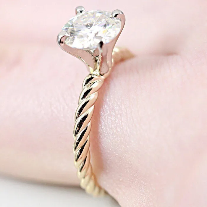 Fire Brilliance Rings Round Center Twotone 14K White Gold 4 Prong Peg and Yellow Gold Braided Rope Solitaire Ring
