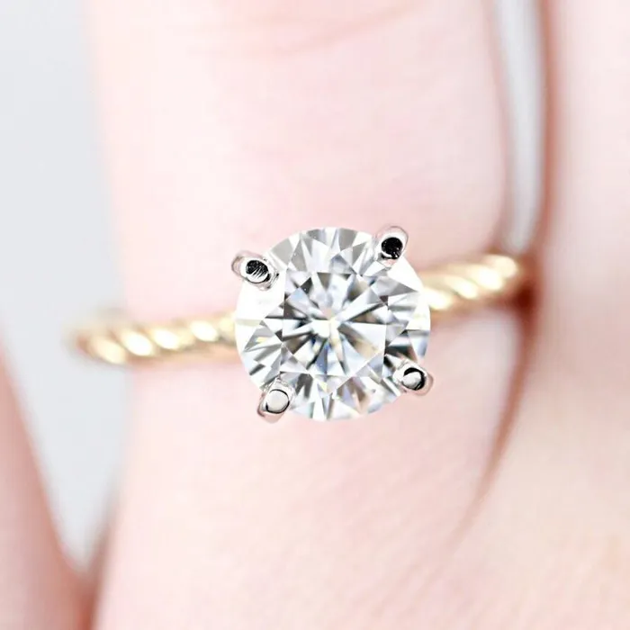 Fire Brilliance Rings Round Center Twotone 14K White Gold 4 Prong Peg and Yellow Gold Braided Rope Solitaire Ring