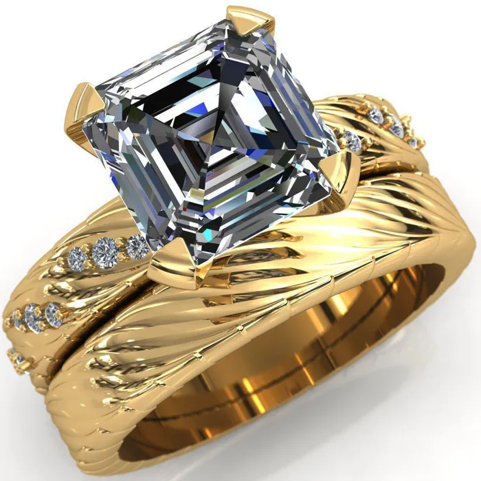 Fire Brilliance Rings Seine Asscher Moissanite Diamond Accent Band 4 Prong Ring